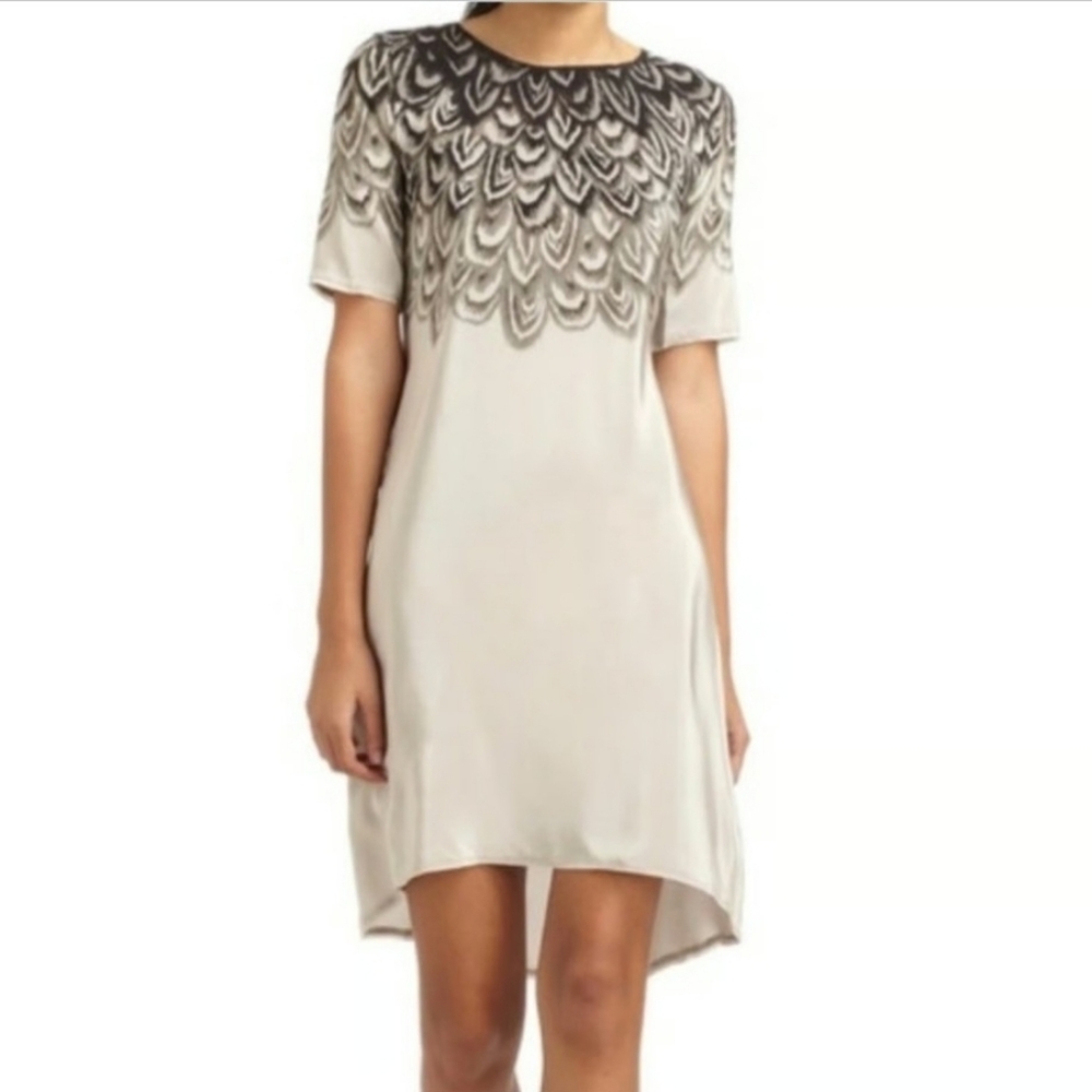 BCBGMaxAzria "Tina" grey and black silk feather print shift dress